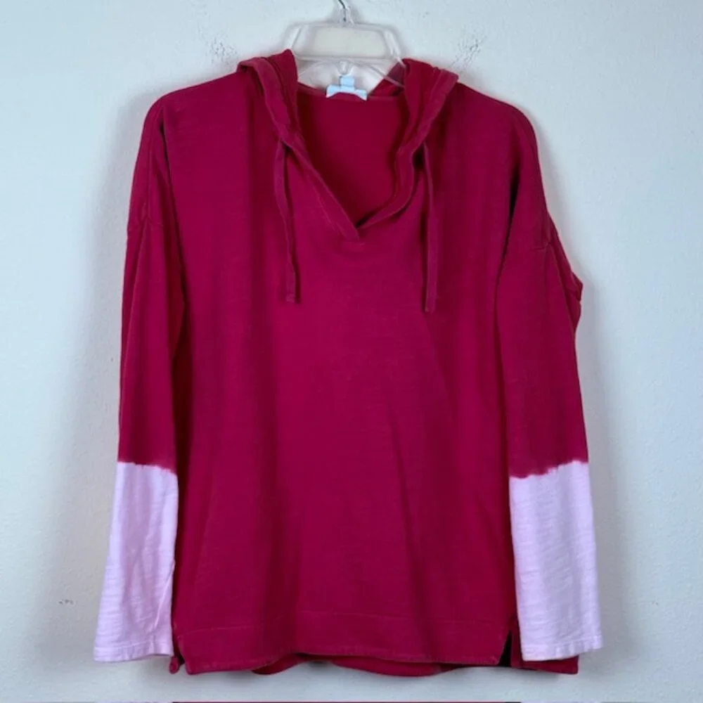 J Jill Hoodie Womens Medium Red Pink Dip Dye Slub Cotton Pullover Top Relaxed